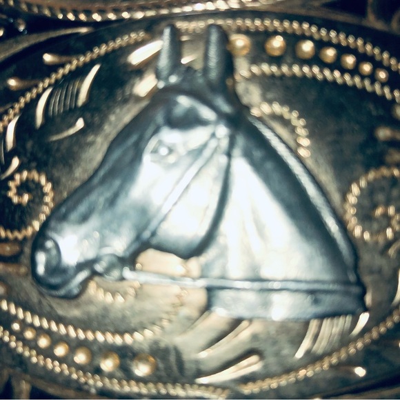 Vintage belt woven like orange and white design- silver gold horse belt buckle - Picture 7 of 9